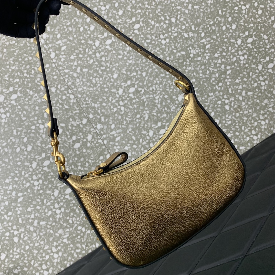 Valentino Garavani Rockstud Mini Hobo Bag in Gold Grainy Calfskin